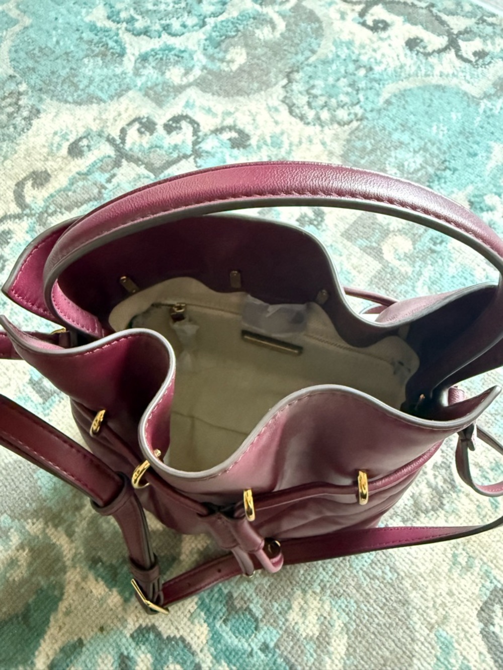 Tory Burch Burgundy Quilted Leather Drawstring Bucket Crossbody - Picture 4 of 5